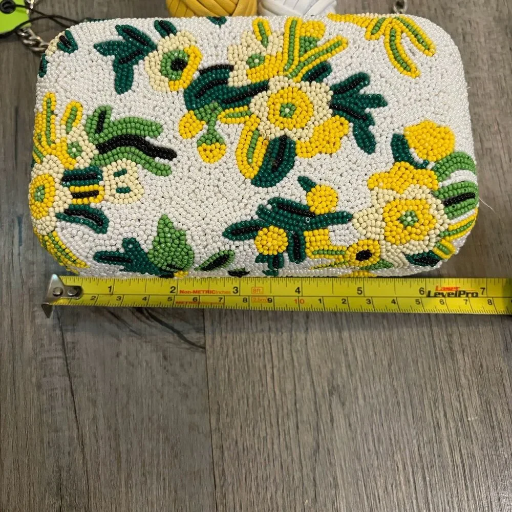 Sam Edelman Annabelle beaded Hard Case Clutch Purse Small Green White Yellow - Picture 3 of 7